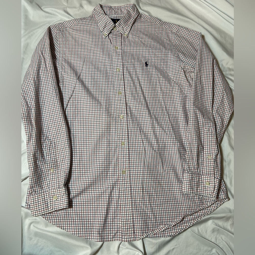 Ralph Lauren Custom Fit Men's Dress Shirt Red Blue Plaid Size Large